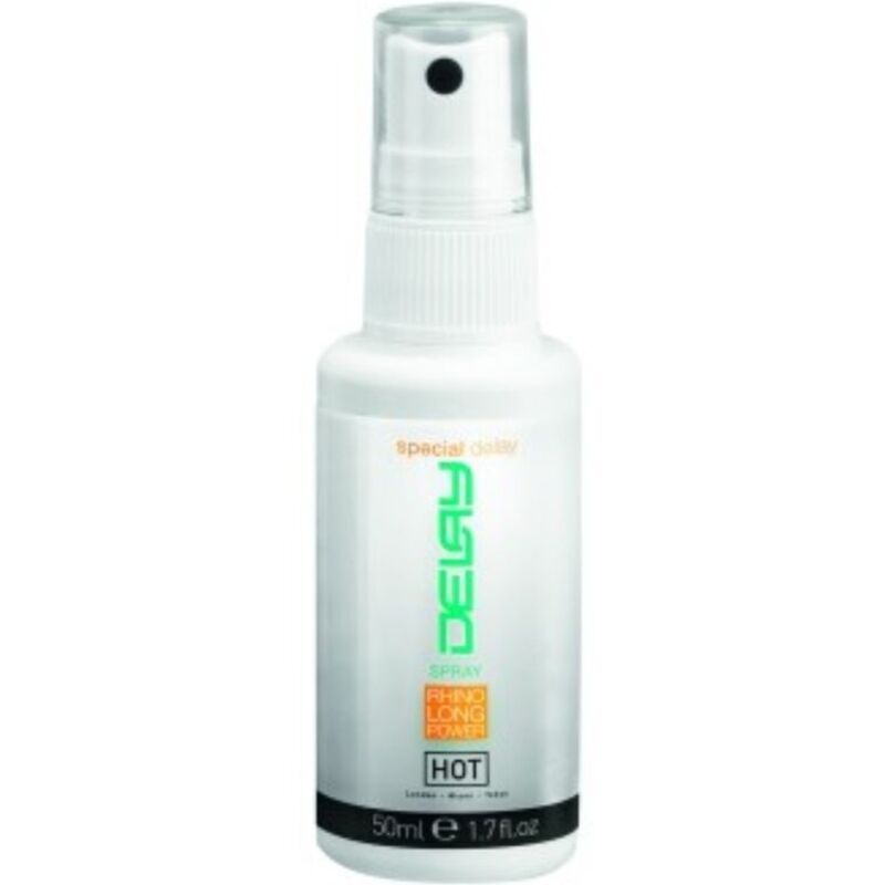 Flacone spray per DELAY SPRAY, 50ml, con scritte 'special delay', 'RHINO LONG POWER', 'HOT'.