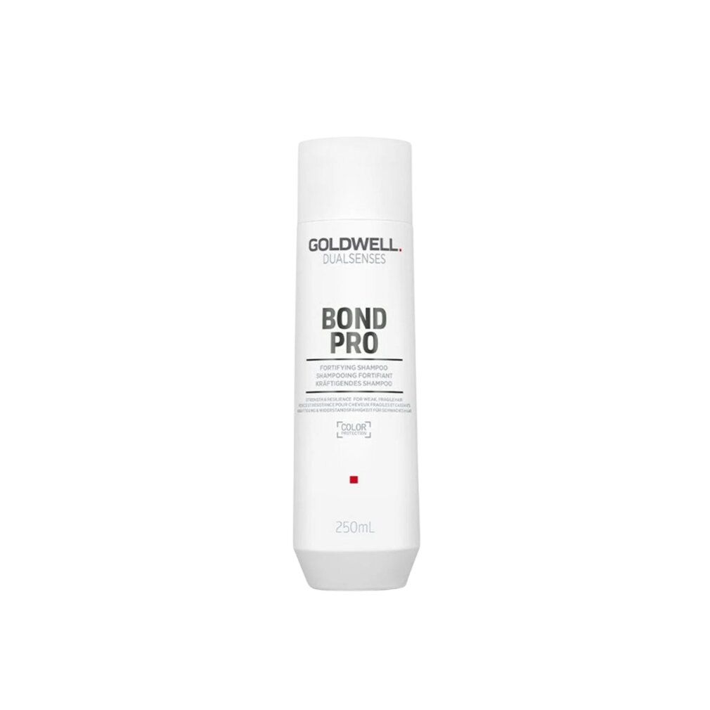 Flacone shampoo Goldwell Dualsenses Bond Pro. Bianco, cilindrico, accento rosso. Testo: BOND PRO, 250ml.