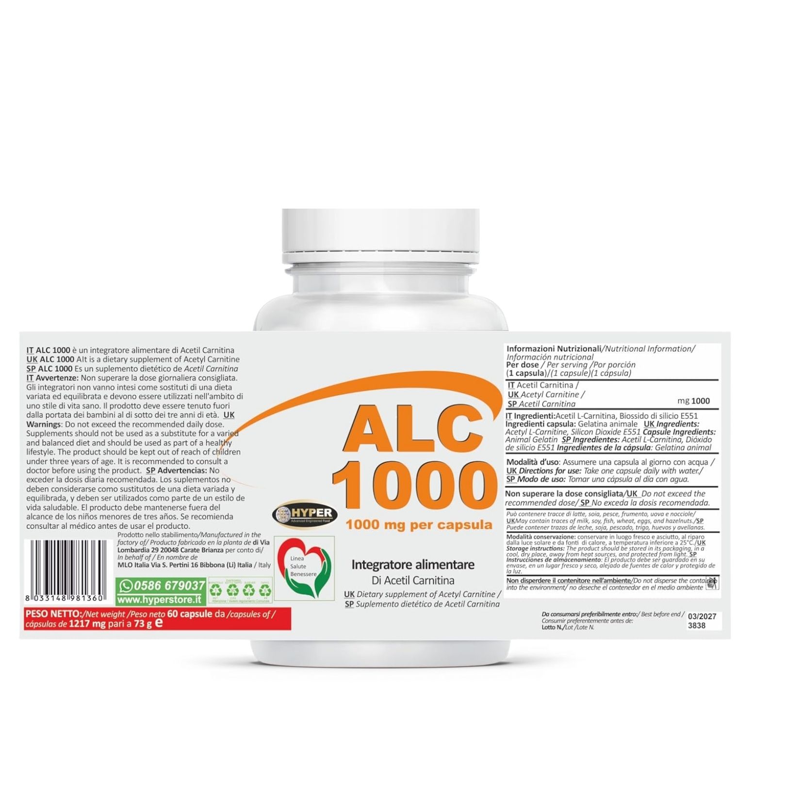 Flacone bianco ALC 1000. Etichetta con ingredienti e informazioni. Testo: 60 capsule, 1000 mg per capsula.