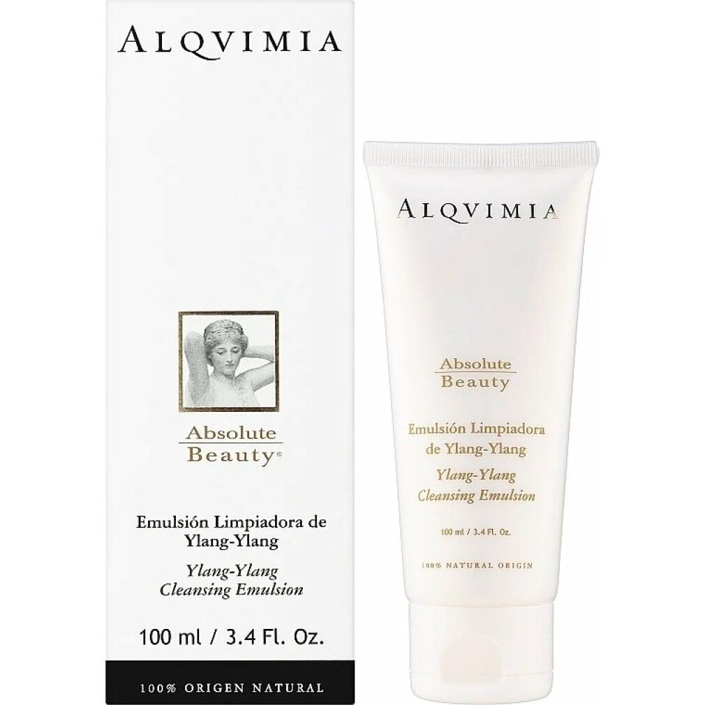 Confezione prodotto con tubo. Scritta: Alqvimia, Absolute Beauty, Emulsión Limpiadora de Ylang-Ylang, Ylang-Ylang Cleansing Emulsion. Con scatola.