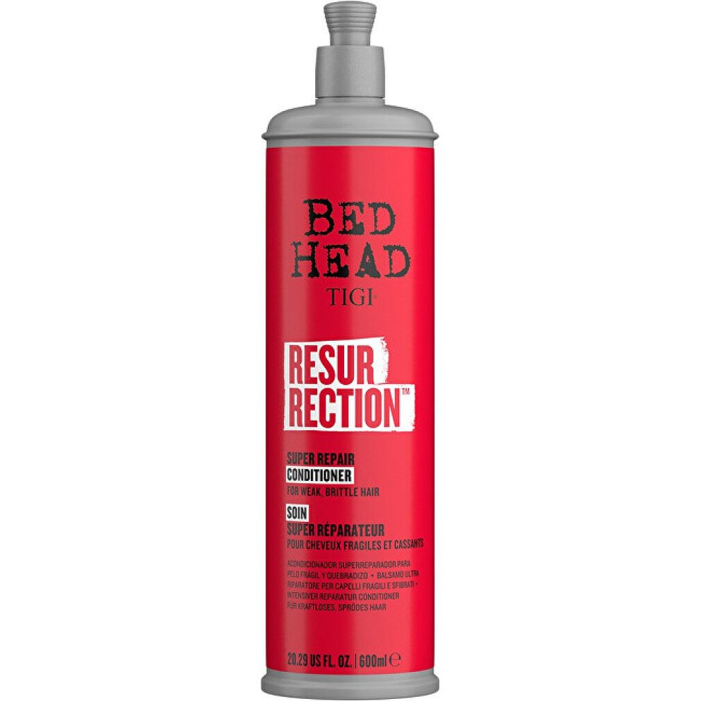 Flacone grigio con etichetta rossa. Scritta: Bed Head Tigi Resurrection Super Repair Conditioner. Con pompa.