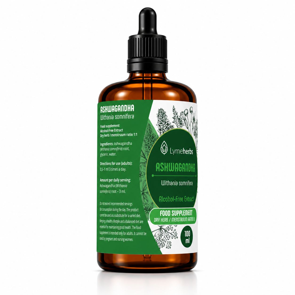 Flacone in vetro marrone con contagocce, etichetta con illustrazioni di Ashwagandha, informazioni nutrizionali e testo.