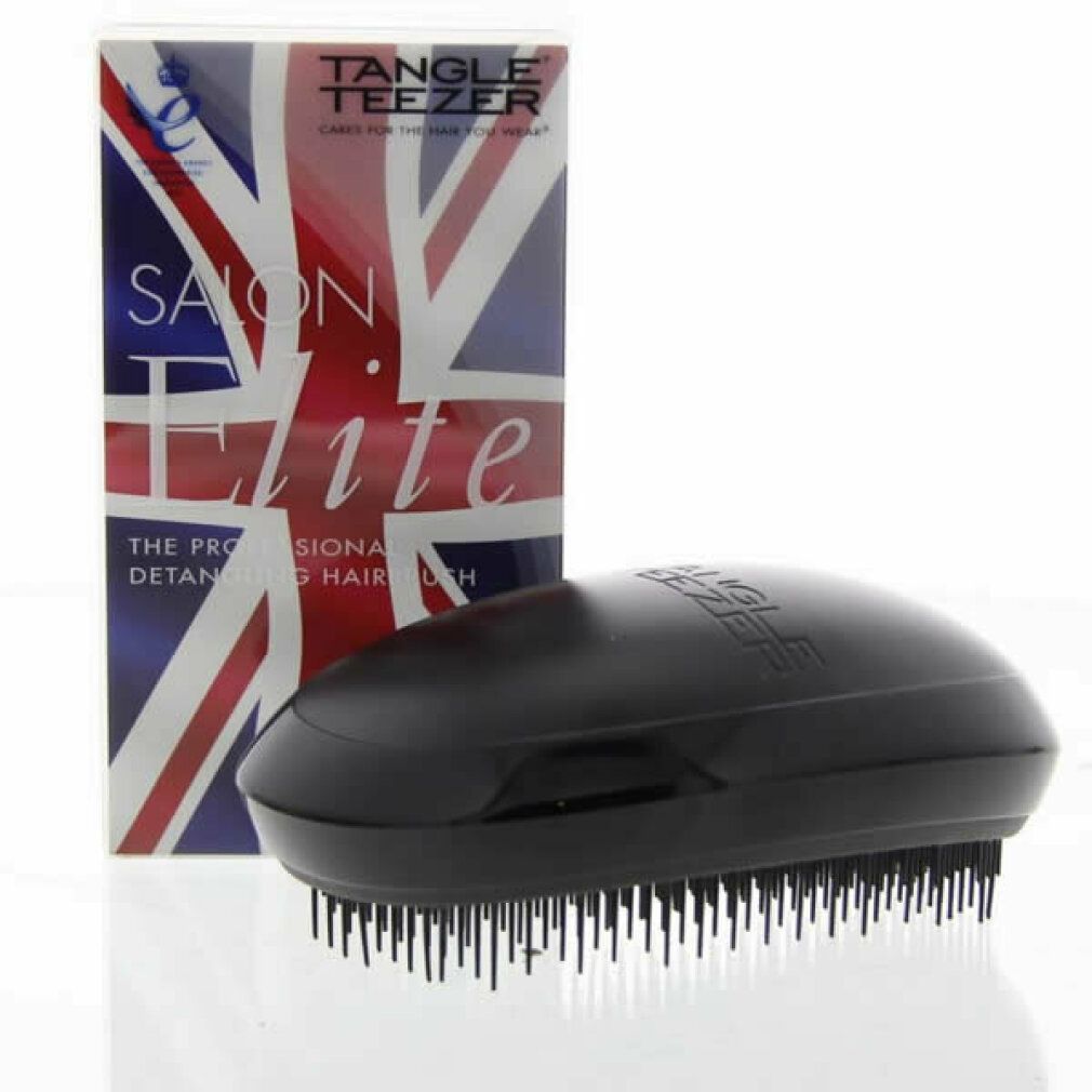 Spazzola Tangle Teezer nera accanto alla confezione. Confezione con Union Jack e scritta Salon Elite.