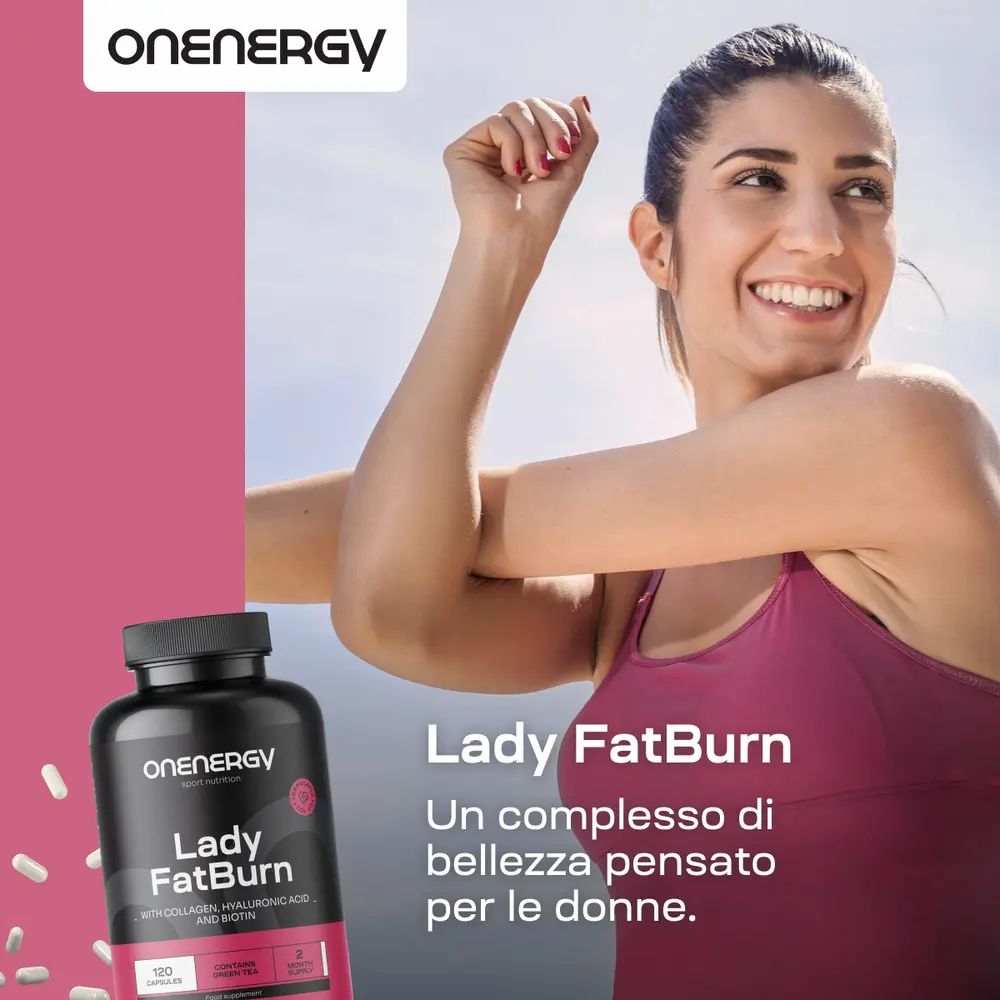 Donna che si allunga, accanto al barattolo OnEnergy Lady FatBurn. "Lady FatBurn, 120 capsule."
