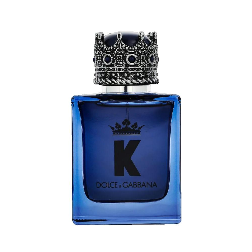 Flacone di profumo blu con tappo a corona argentato. 'K' nero e logo Dolce & Gabbana sul davanti.