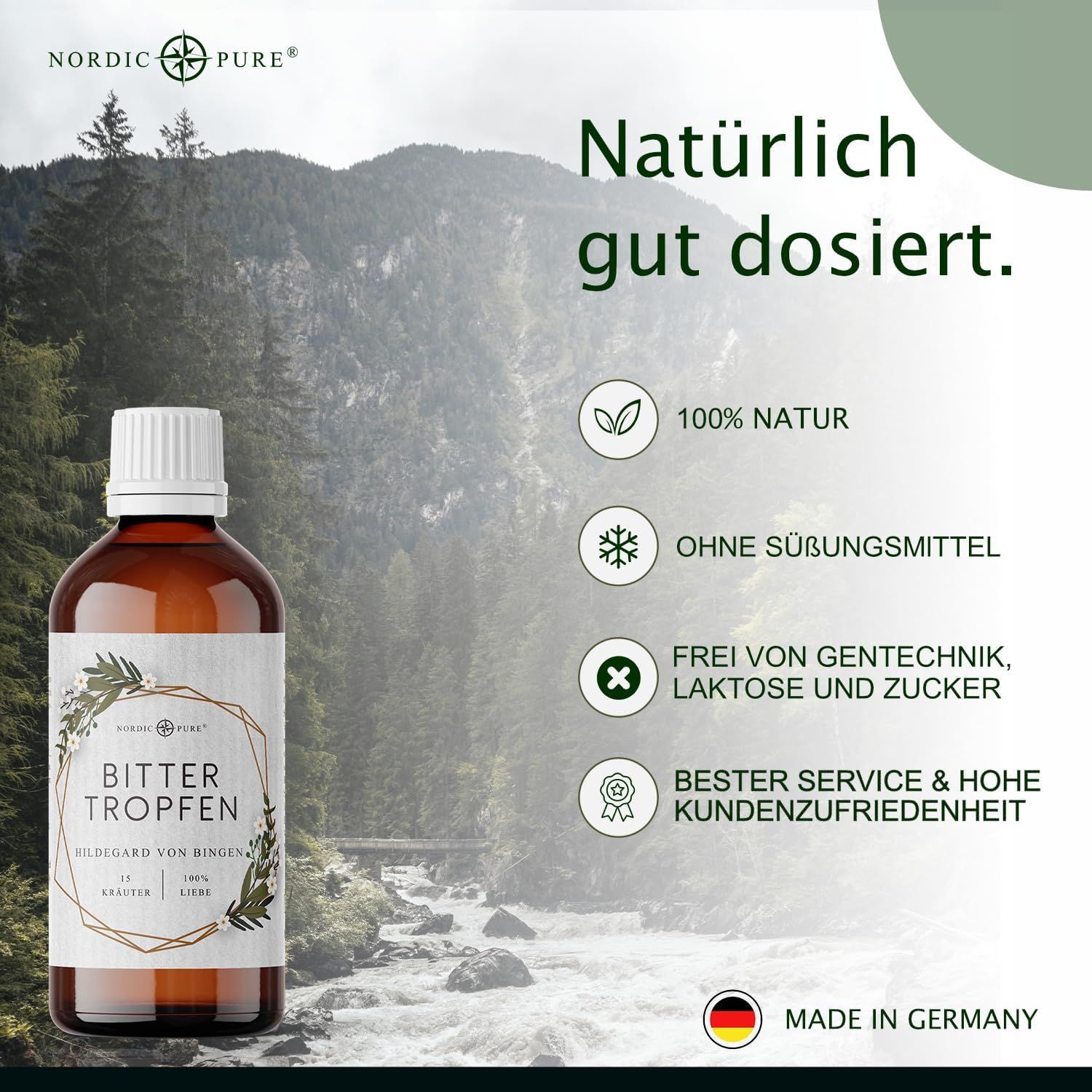 Flacone di vetro marrone con tappo bianco. Etichetta con nome del prodotto e logo. Sfondo: paesaggio montano. Testo: 100% naturale, senza dolcificanti.