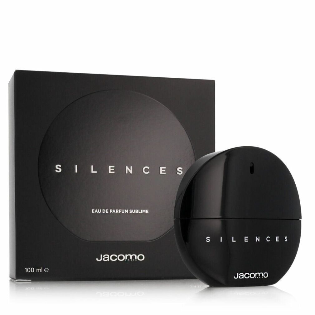 Flacone e scatola neri. Scritta SILENCES, Jacomo. Eau de Parfum Sublime. 100 ml. Confezione nera con design circolare.