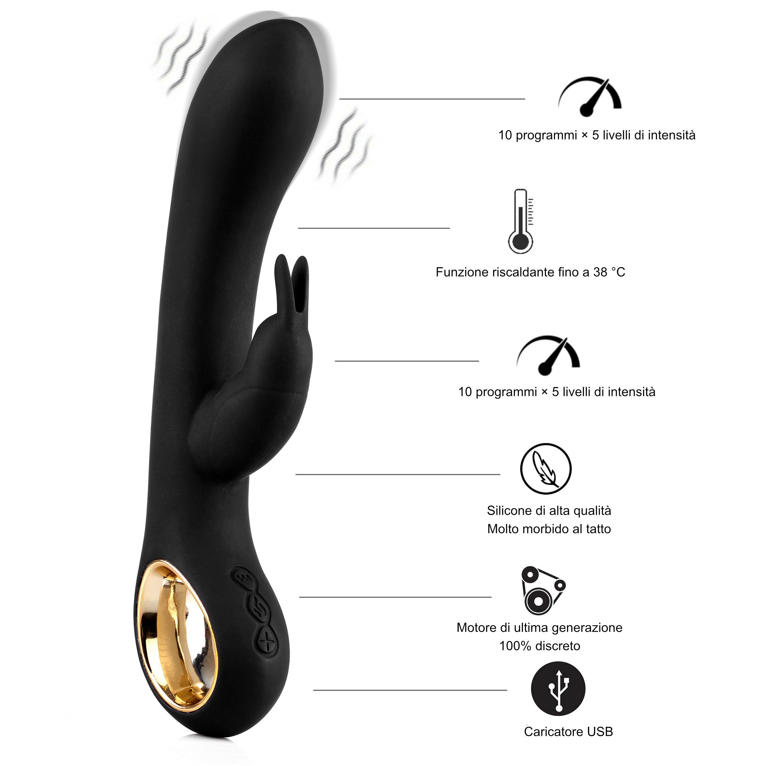 Vibratore Rabbit nero con funzione riscaldante, 10 programmi, 5 intensità, silicone, USB.