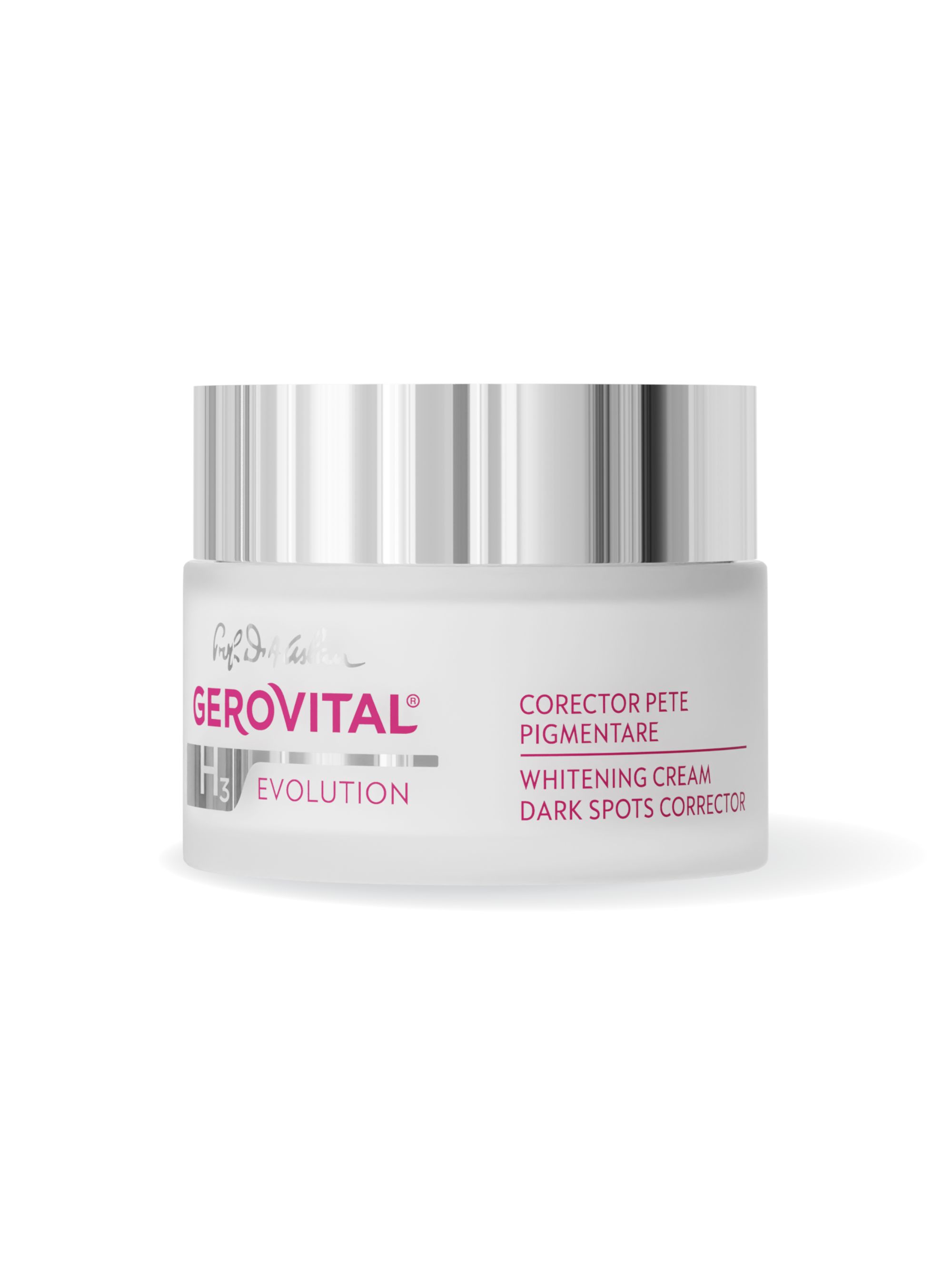 Vaso di crema con coperchio argentato. Scritta: Gerovital H3 Evolution, Corrector Pete Pigmentare, Whitening Cream, Dark Spots Corrector.