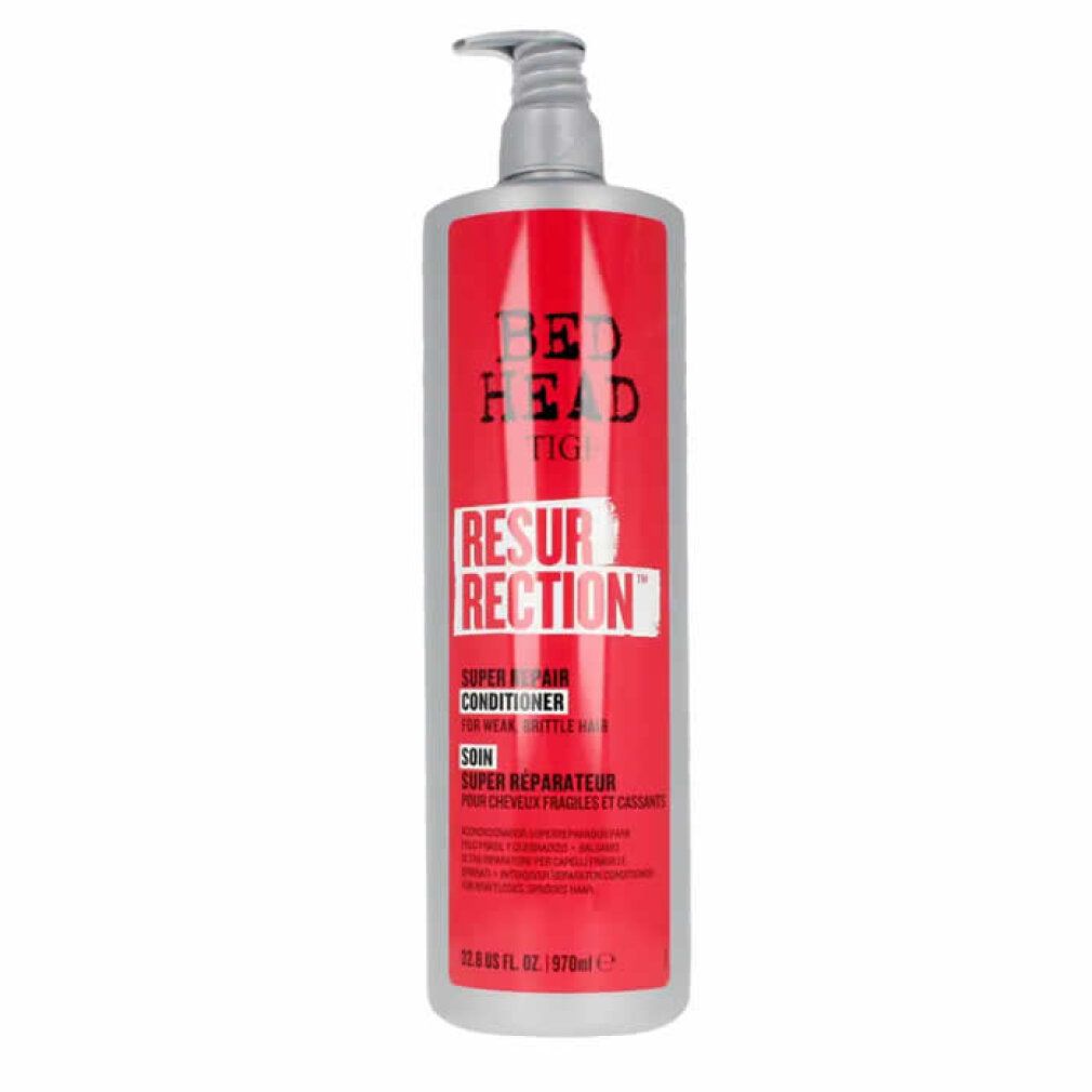 Flacone grigio con etichetta rossa. Bed Head Tigi Resurrection Conditioner. Con pompa. Testo in inglese e francese.