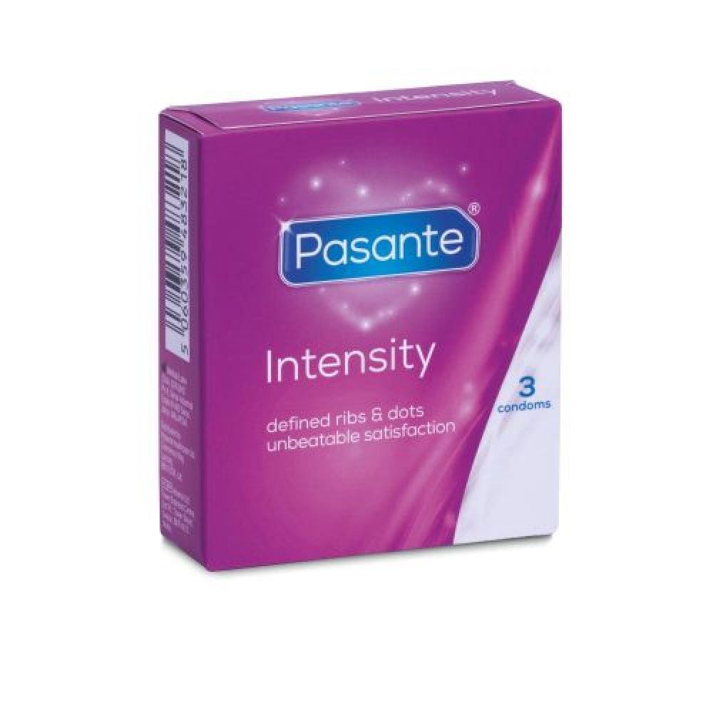 Confezione di profilattici. Scritta: Pasante, Intensity. Contiene 3 profilattici.