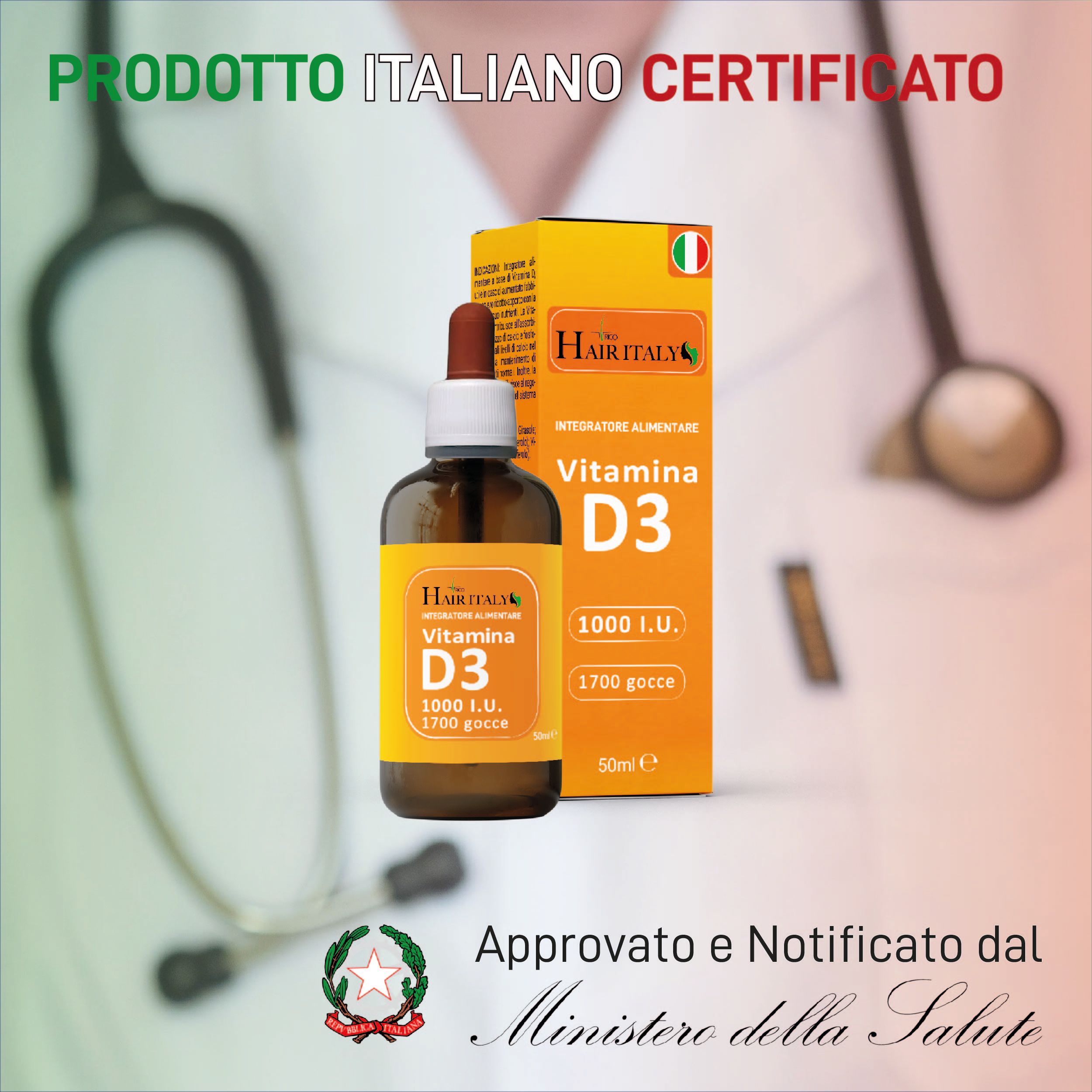 Trico Hair Italy - Vitamina D3 liquida 50 ml Supporto sistema immunitario Salute di ossa e denti