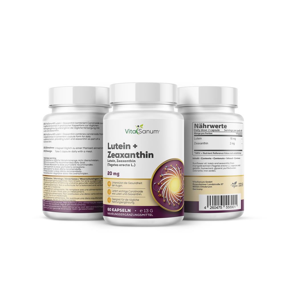 Tre flaconi di VitaSanum®-Luteina + Zeaxantina. Scritta: Luteina + Zeaxantina, 20 mg, 60 capsule. Etichetta viola-oro.