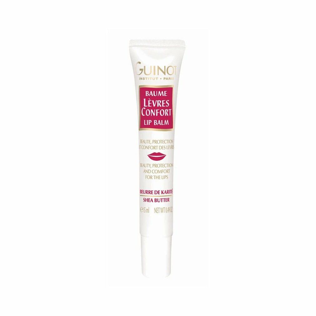 Guinot Baume Lèvres Confort Lip Balm. Tubetto bianco con etichetta rossa. Testo: Baume Lèvres Confort, Burro di Karité. 15ml.
