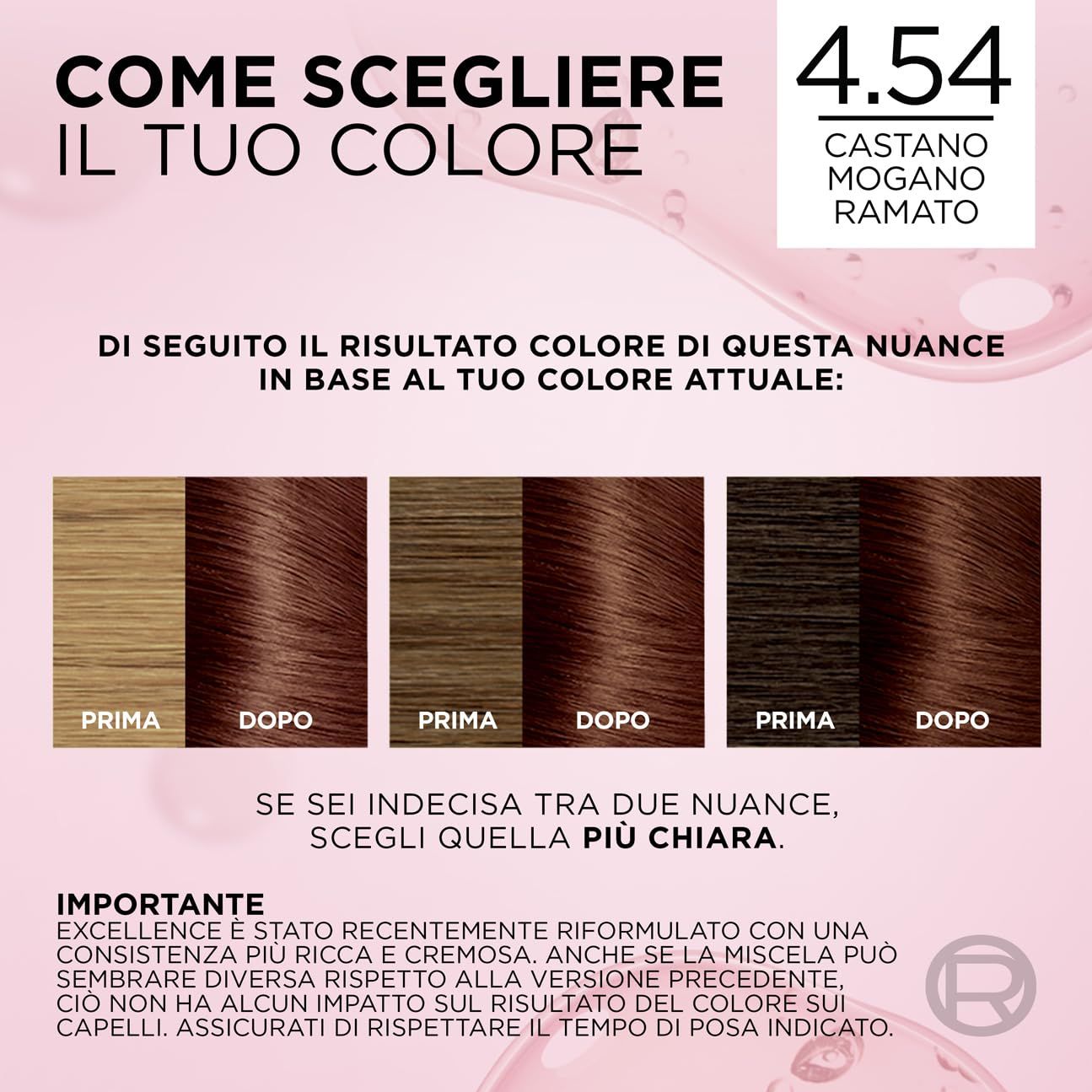Risultati colore in base al colore attuale dei capelli. 4.54 Mogano Ramato. Esempi prima-dopo.