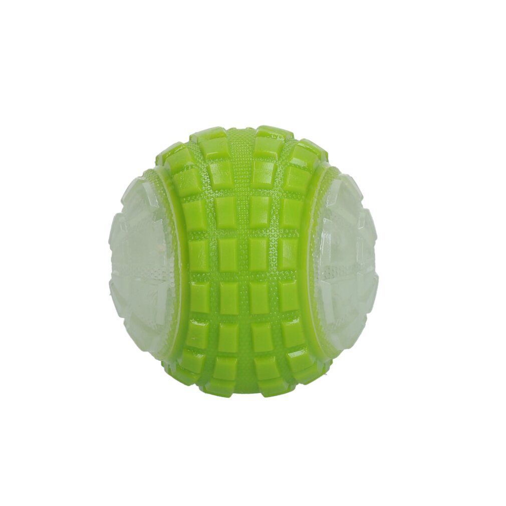 Palla verde brillante con motivo quadrato. Aree chiare e trasparenti. Per cani.
