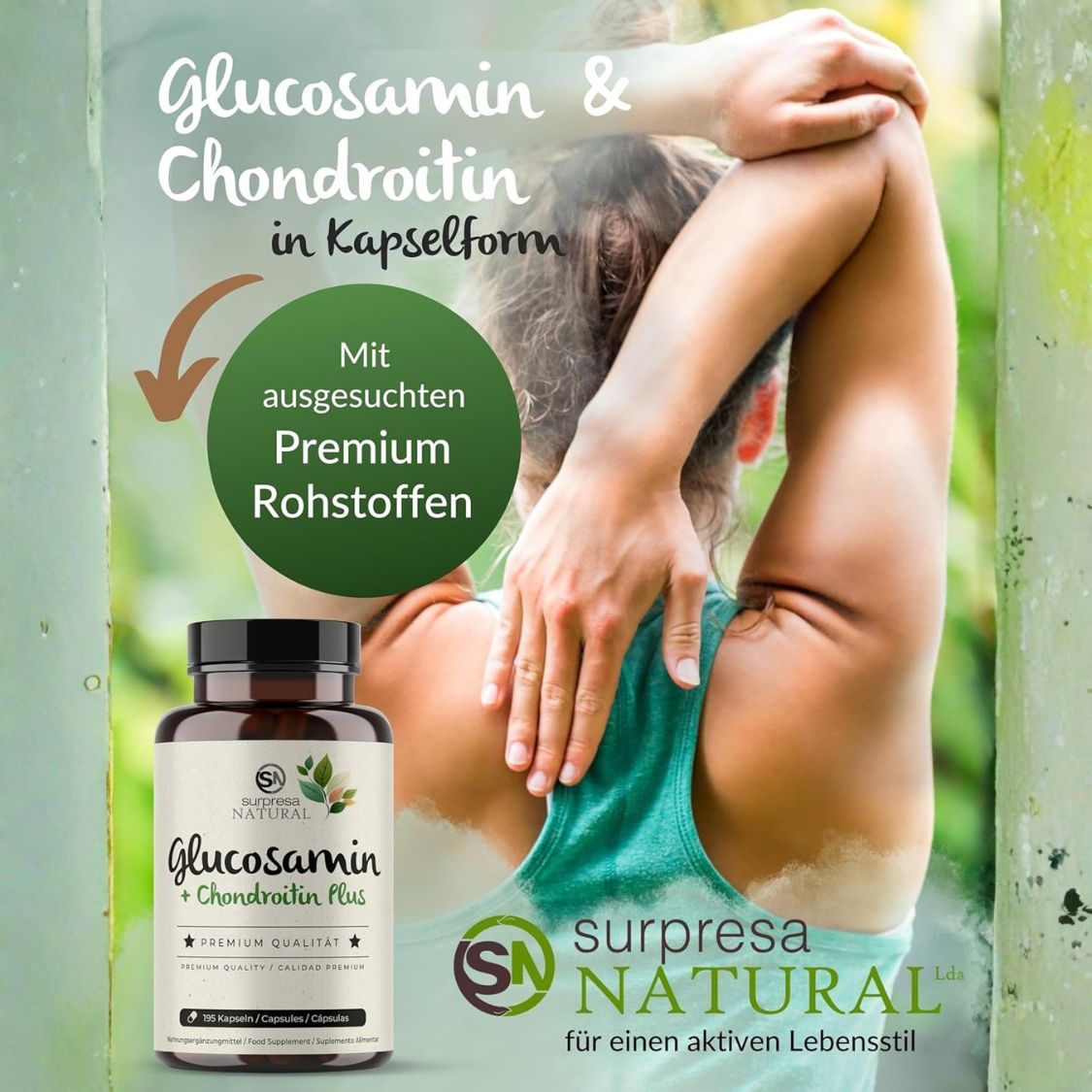 Flacone Surpresa Natural Glucosamin + Chondroitin Plus accanto a una persona che allunga il braccio.