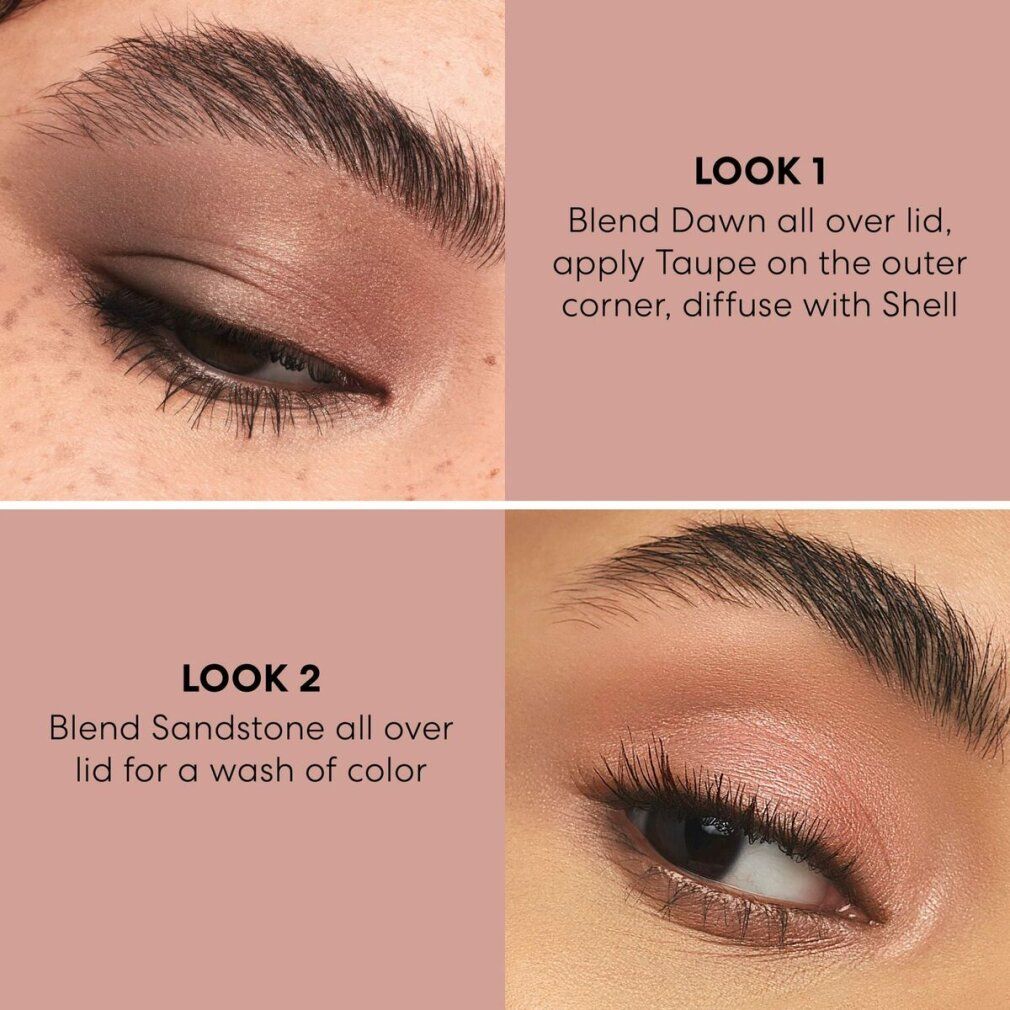 Due look per il trucco occhi. Istruzioni per l'applicazione. Nome del prodotto non visibile.