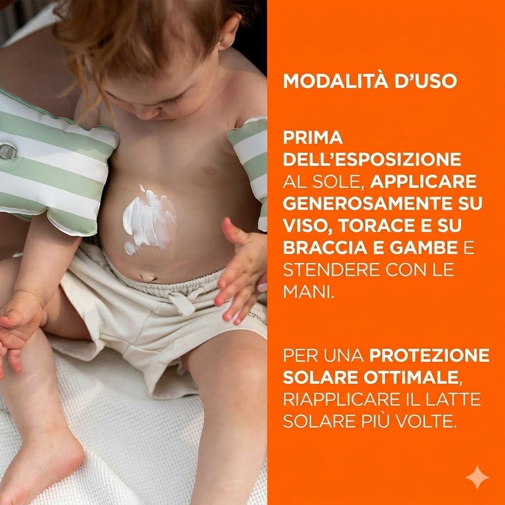 Applicazione: bambino cosparso di crema solare. Testo: Applicare generosamente prima dell'esposizione al sole. Riapplicare per una protezione ottimale.