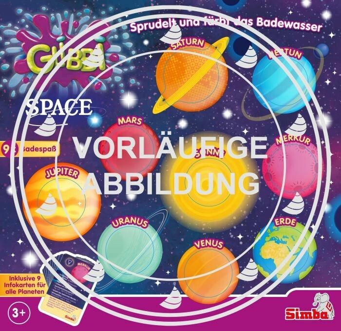 Confezione Glibbi Space con divertimento per il bagno a tema pianeti. Include 9 schede informative. Logo Simba in basso a destra. Età consigliata: 3+.