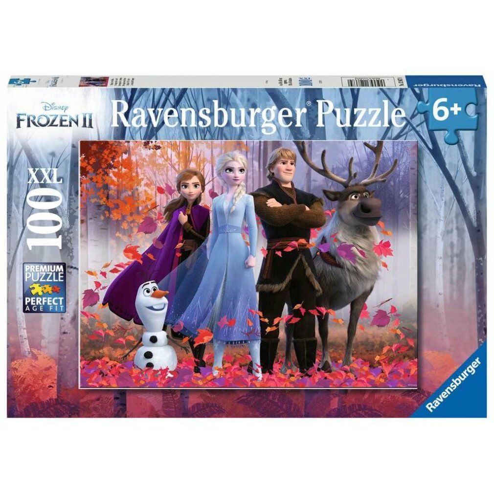 Scatola puzzle Frozen 2. Scritte: Disney, Ravensburger Puzzle, 100 pezzi, XXL, 6+. Raffigurati Elsa, Anna, Kristoff, Olaf e Sven.