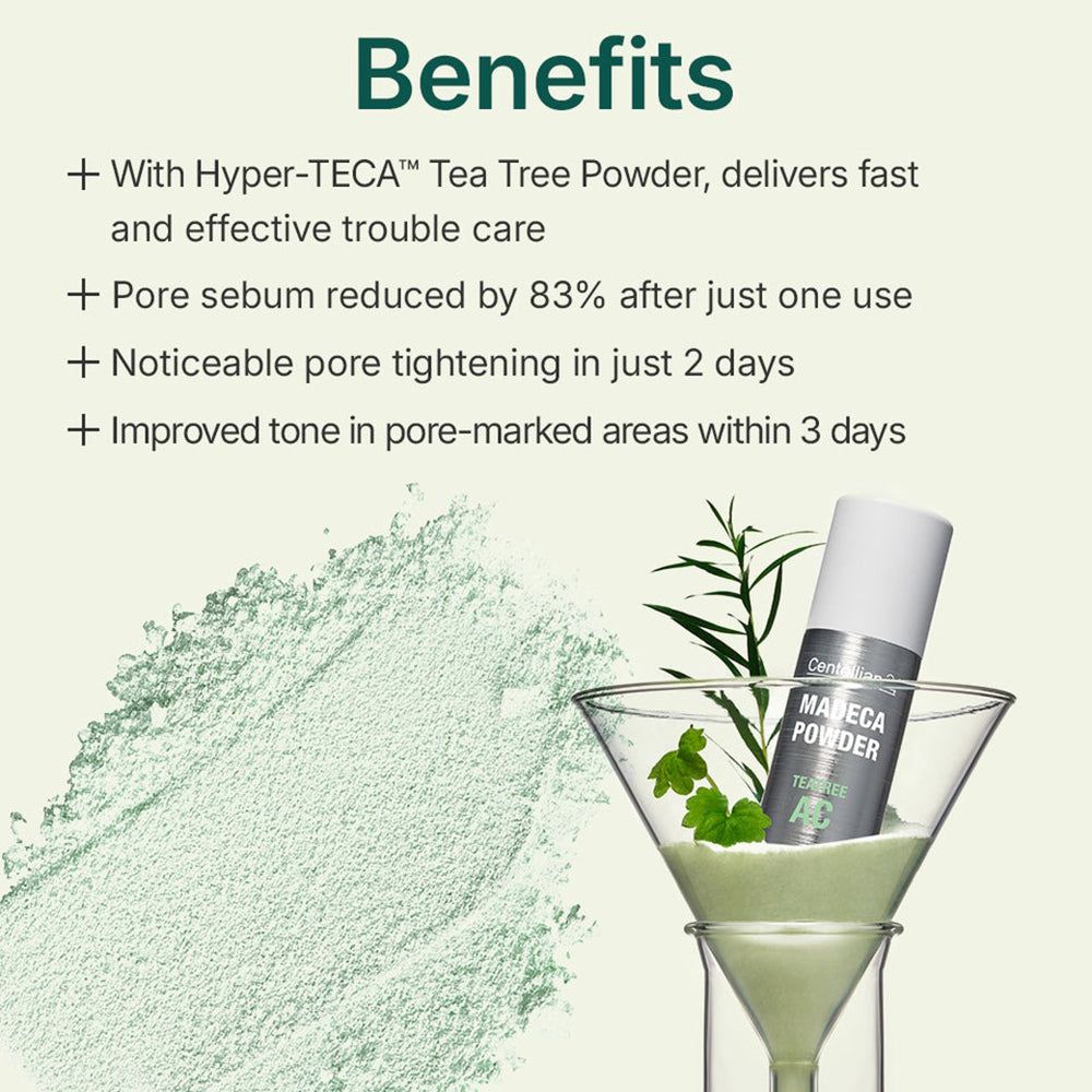 Prodotto in un bicchiere. Testo: Benefici. Contiene Hyper-TECA Tea Tree Powder. Riduce i pori, migliora il tono della pelle.