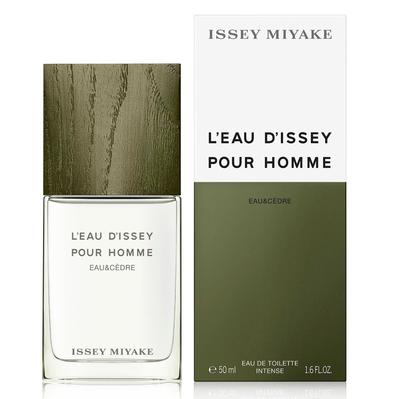Flacone in vetro e confezione. Scritta: L'EAU D'ISSEY POUR HOMME EAU&CÈDRE. Marchio: ISSEY MIYAKE. 50 ml.