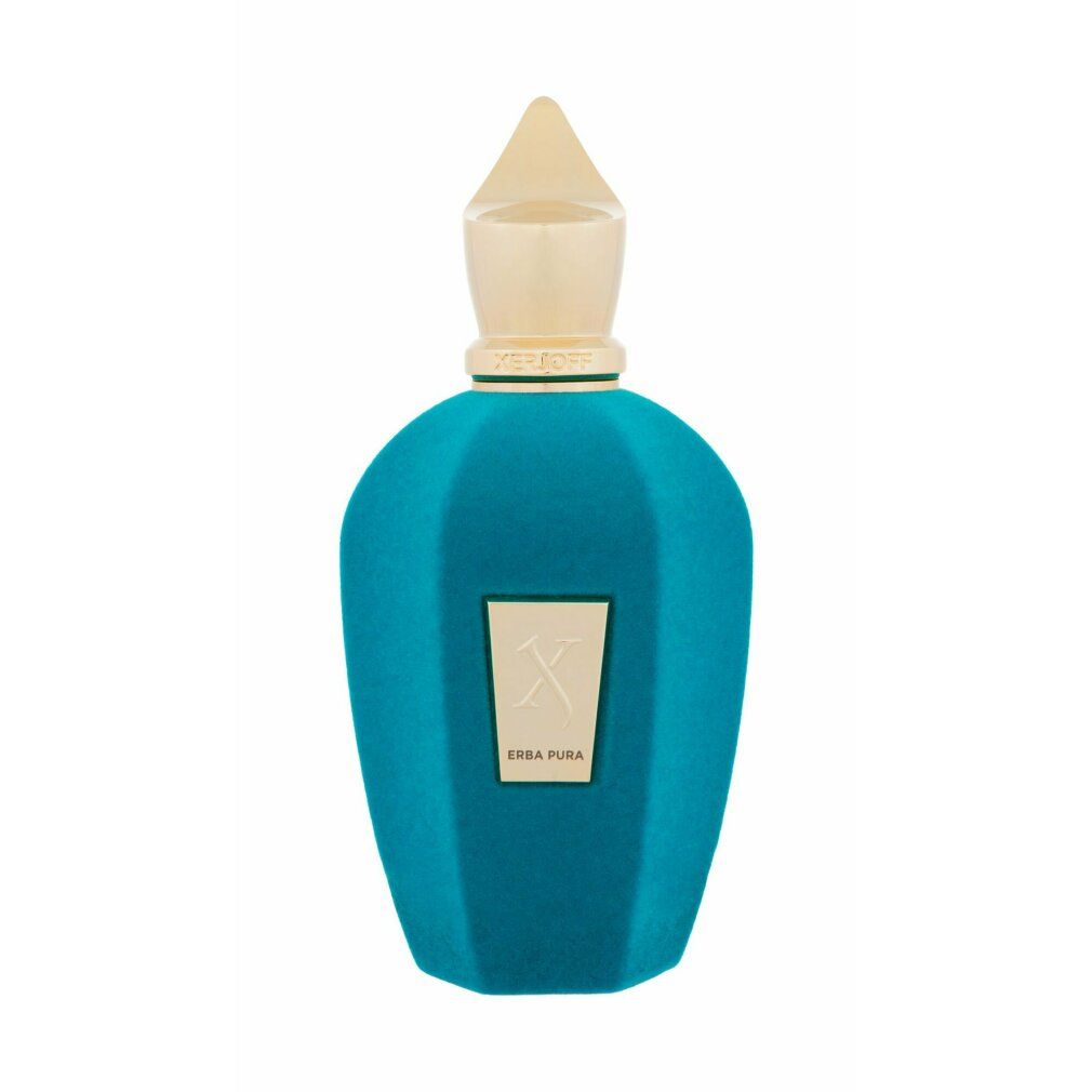 Flacone turchese con tappo dorato. Scritta Erba Pura. Logo dorato.