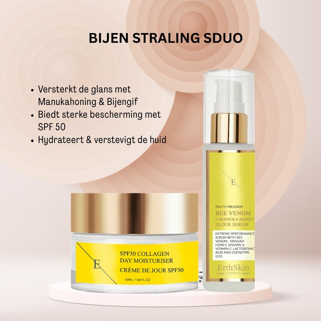 Duo Luminosità ErthSkin London: crema giorno e siero con miele di Manuka e veleno d'api. Potenzia la luminosità, offre SPF 50, idrata.