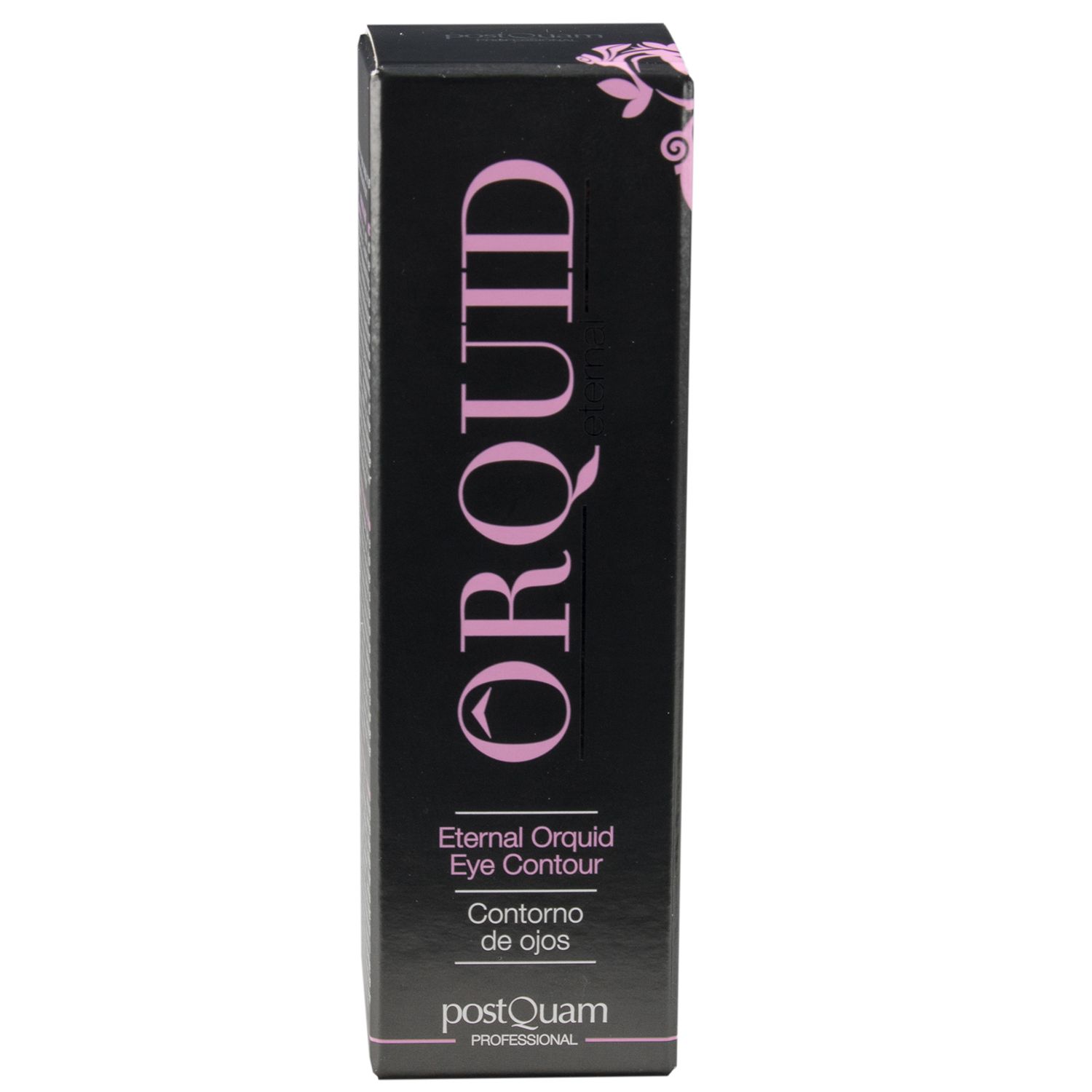 Scatola di crema contorno occhi. Nero con scritte rosa. Marchio: ORQUID eternal, Postquam. Nome prodotto in inglese e spagnolo.