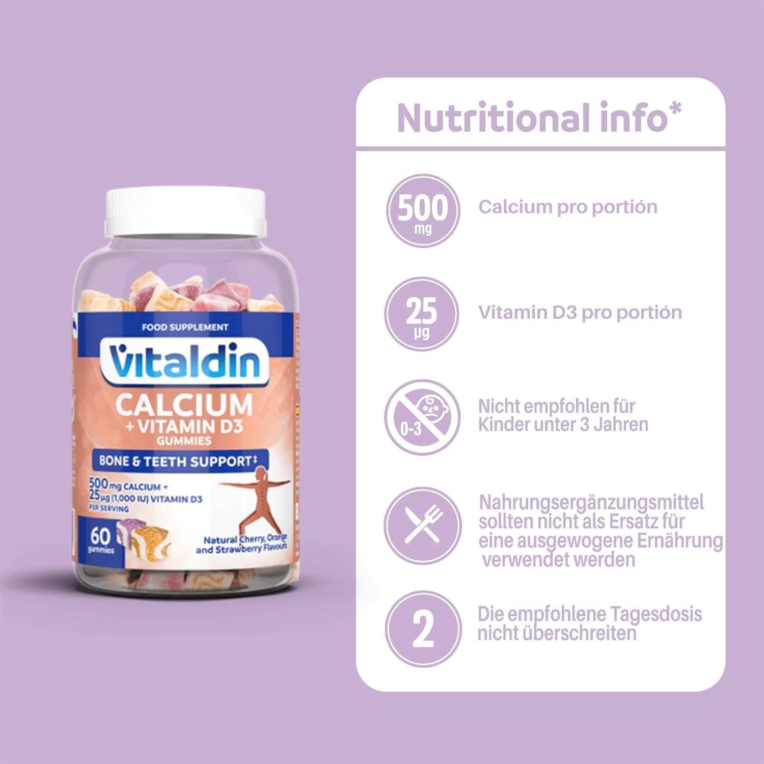 Flacone VITALDIN Calcium + Vitamina D3 Gummies. 60 caramelle gommose. Contiene 500mg calcio e 25µg vitamina D3. Testo: Informazioni nutrizionali. Non per bambini -3 anni.