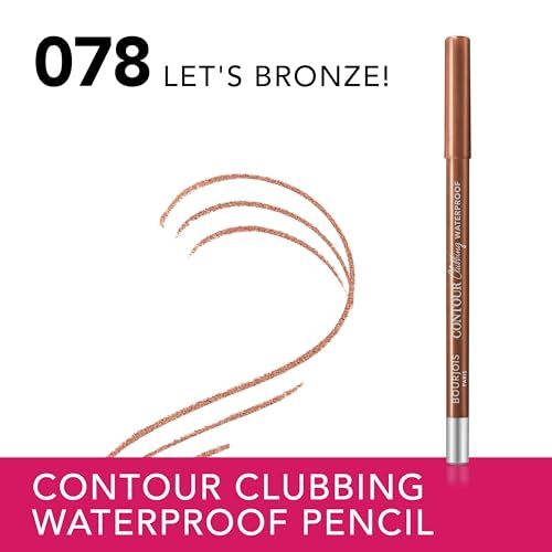 Una matita contorno color bronzo con punta e cappuccio argentati. La matita è etichettata 'Bourjois Contour Clubbing Waterproof'. Accanto sono visibili linee color bronzo.