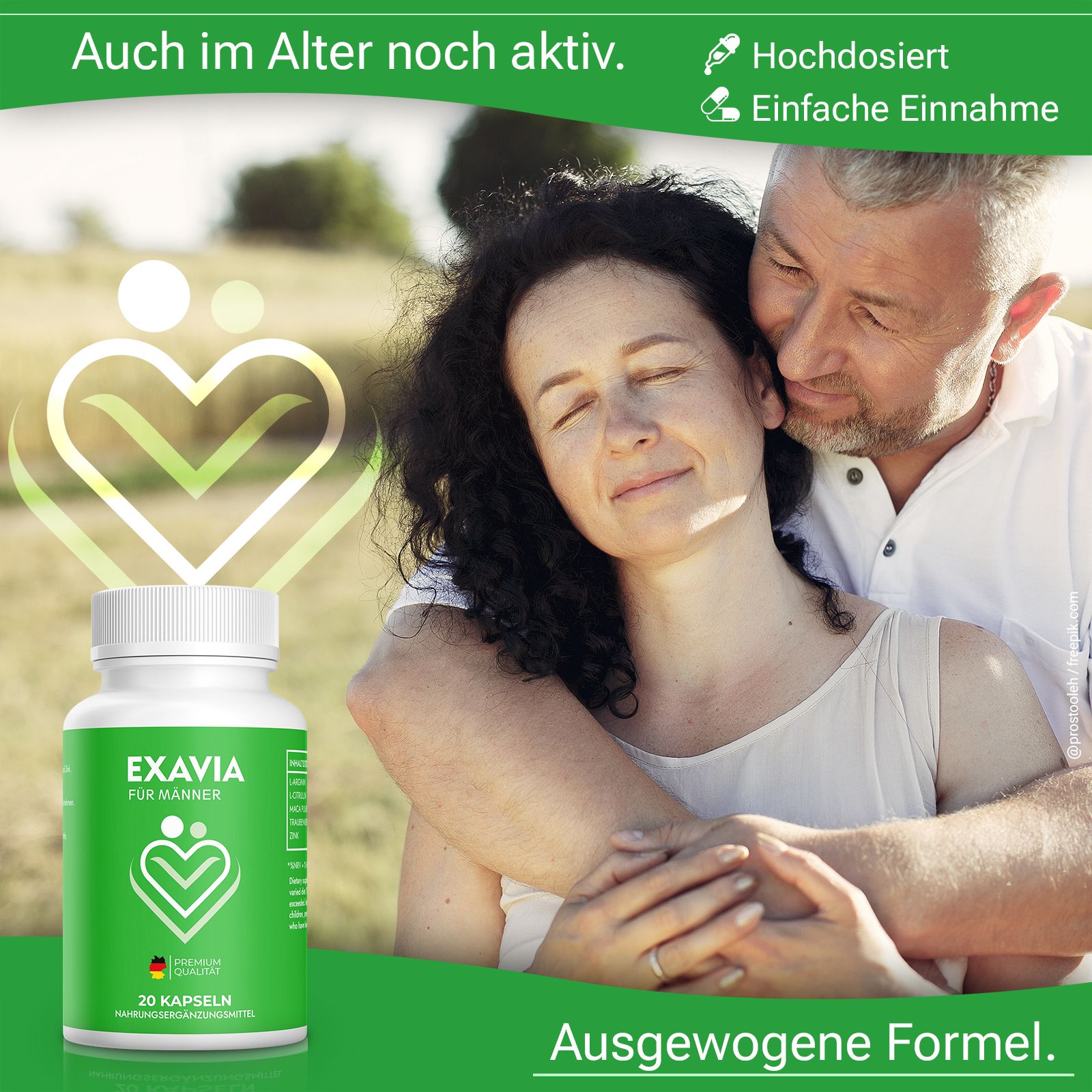 Flacone con etichetta verde. Testo: EXAVIA für Männer, logo, 20 capsule. Testo: Formula equilibrata. Coppia in abbraccio.