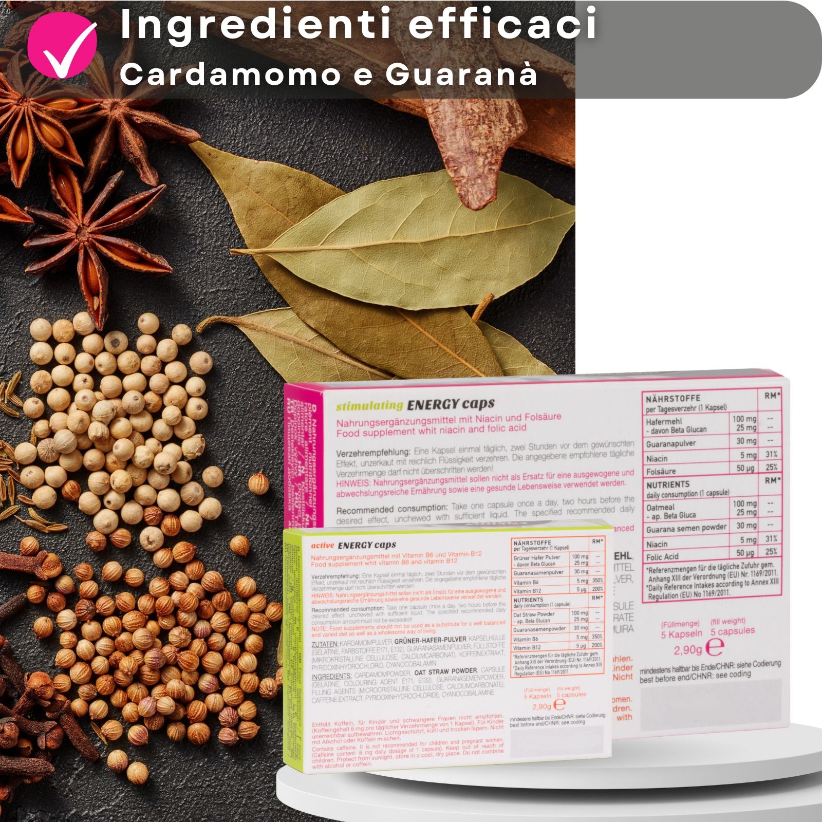 Ingredienti su un tavolo. Accanto, due scatole di capsule. Scritta: Ero, Energy Caps.