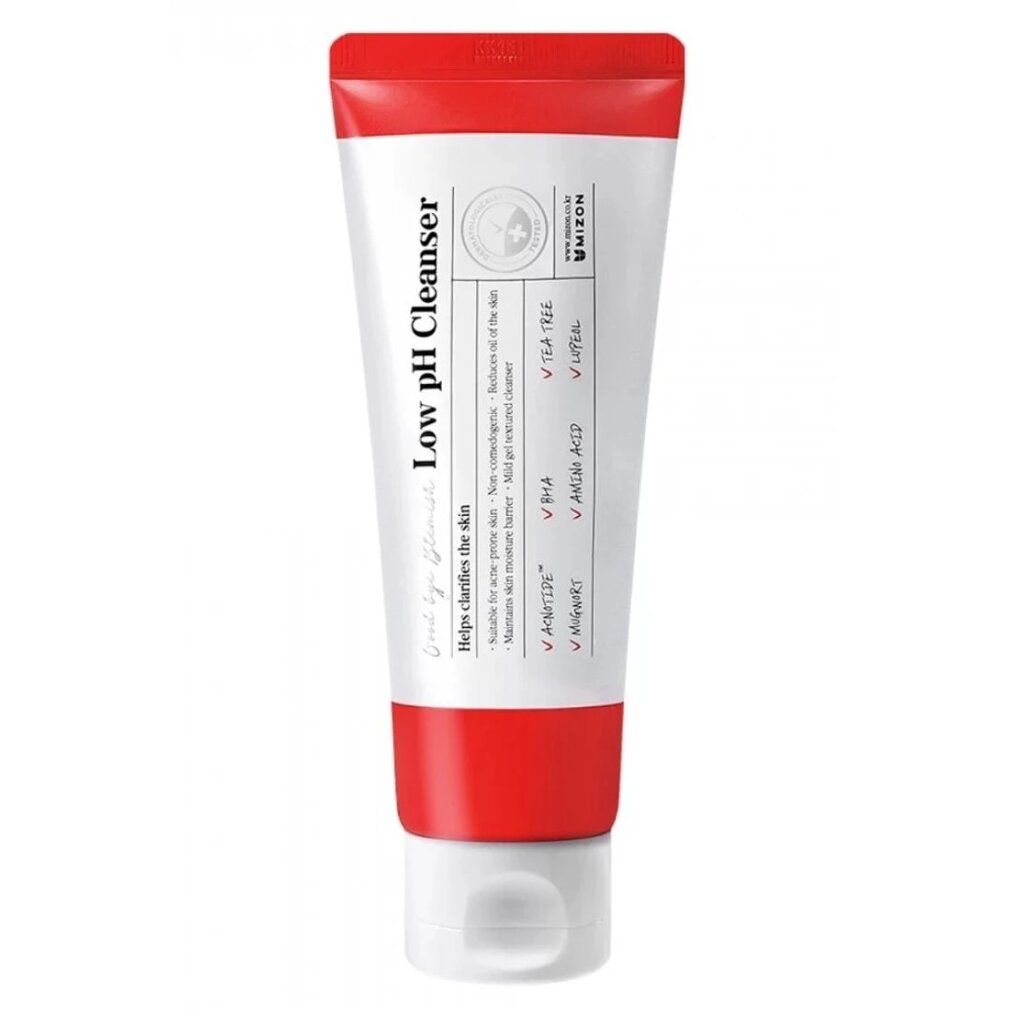 Tubo bianco e rosso. Scritta: Low pH Cleanser. Marchio: MIZON. Contiene BHA e Tea Tree.