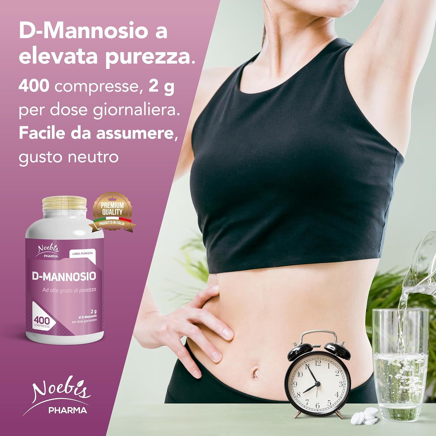 Donna con D-Mannosio Noebis Pharma: 400 compresse, 2g per dose, alta purezza, qualità premium.
