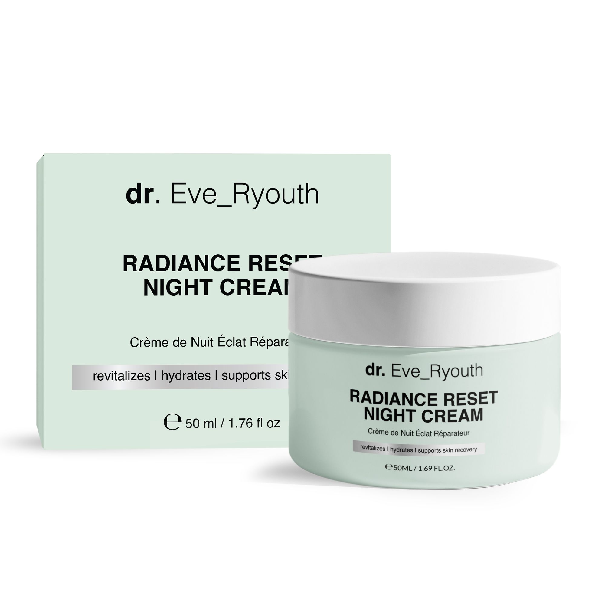 Vaso e scatola di crema. Scritta: Dr. Eve_Ryouth Radiance Reset Night Cream. Testo: revitalizes | hydrates | supports skin recovery. 50 ml / 1.76 fl oz.