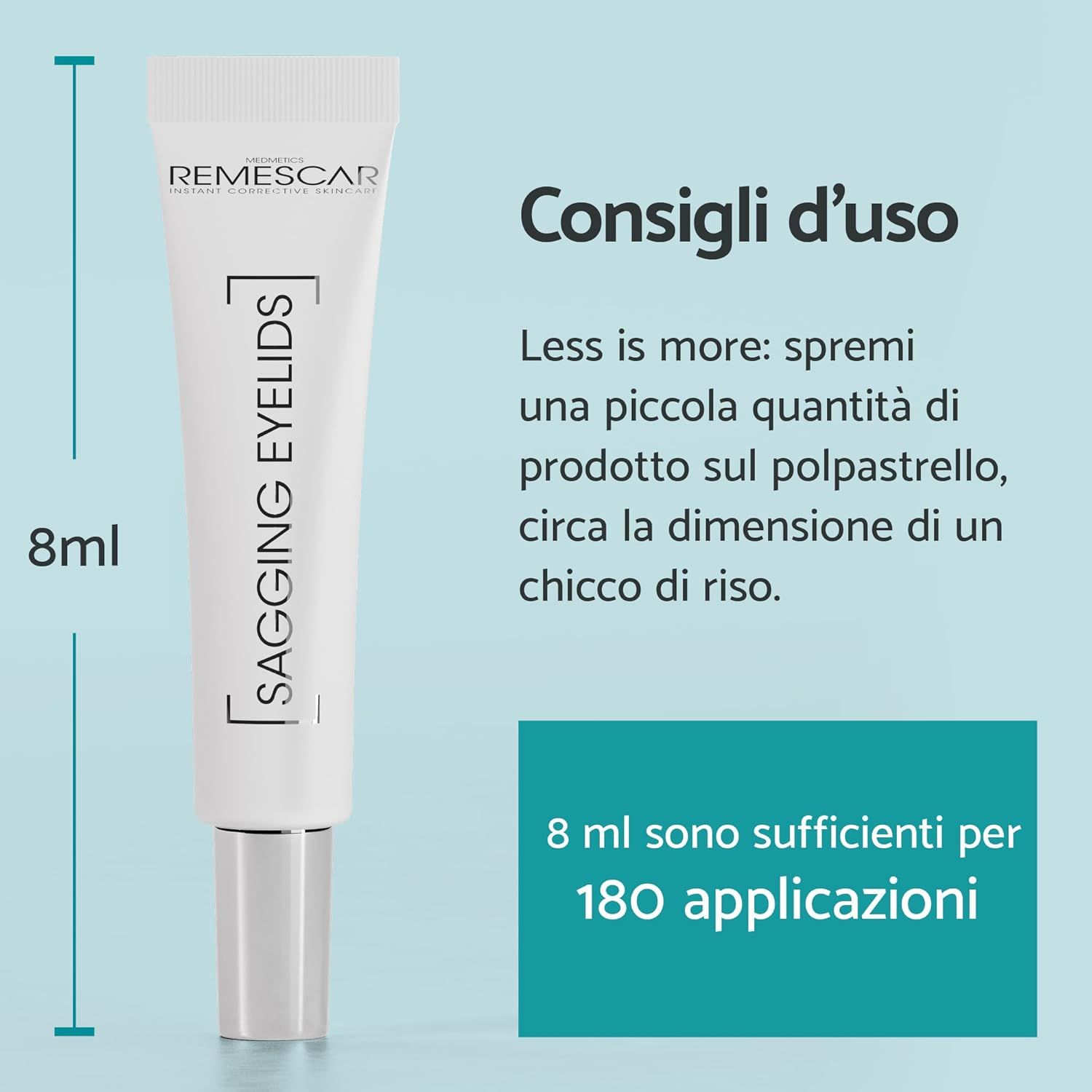 Tubo Remescar Schlupflider Augencreme. Testo: Sagging Eyelids, 8ml, 180 applicazioni. Box blu con testo: Consigli d'uso.
