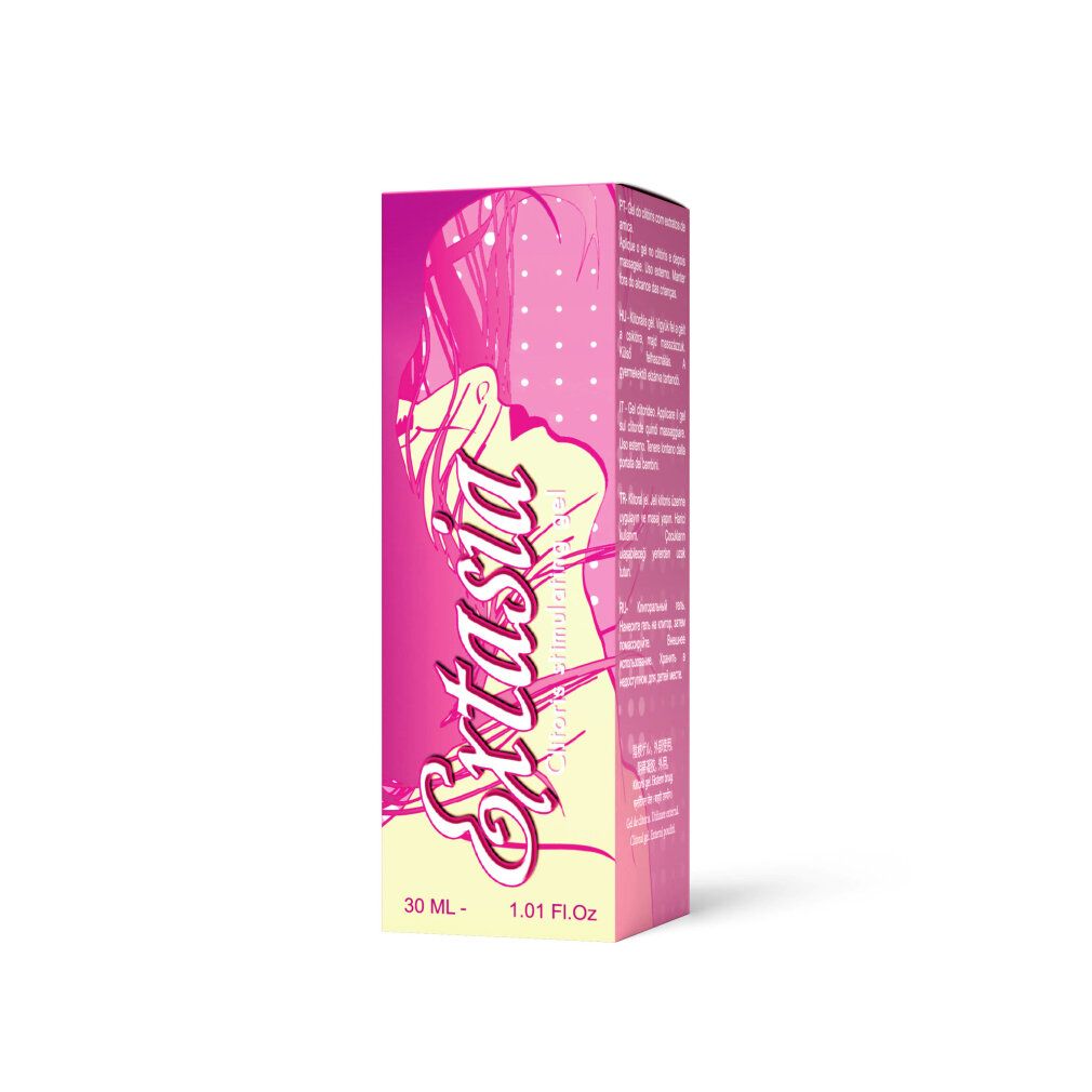 Confezione rosa con scritta Extasia. Illustrazione di una donna. Scritta: 30 ML - 1.01 Fl.Oz.
