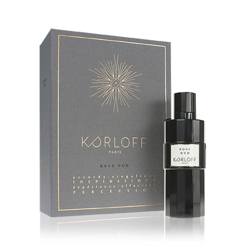 Scatola grigia e flacone nero. Scritta: KORLOFF, Rose Oud. Flacone con etichetta bianca.