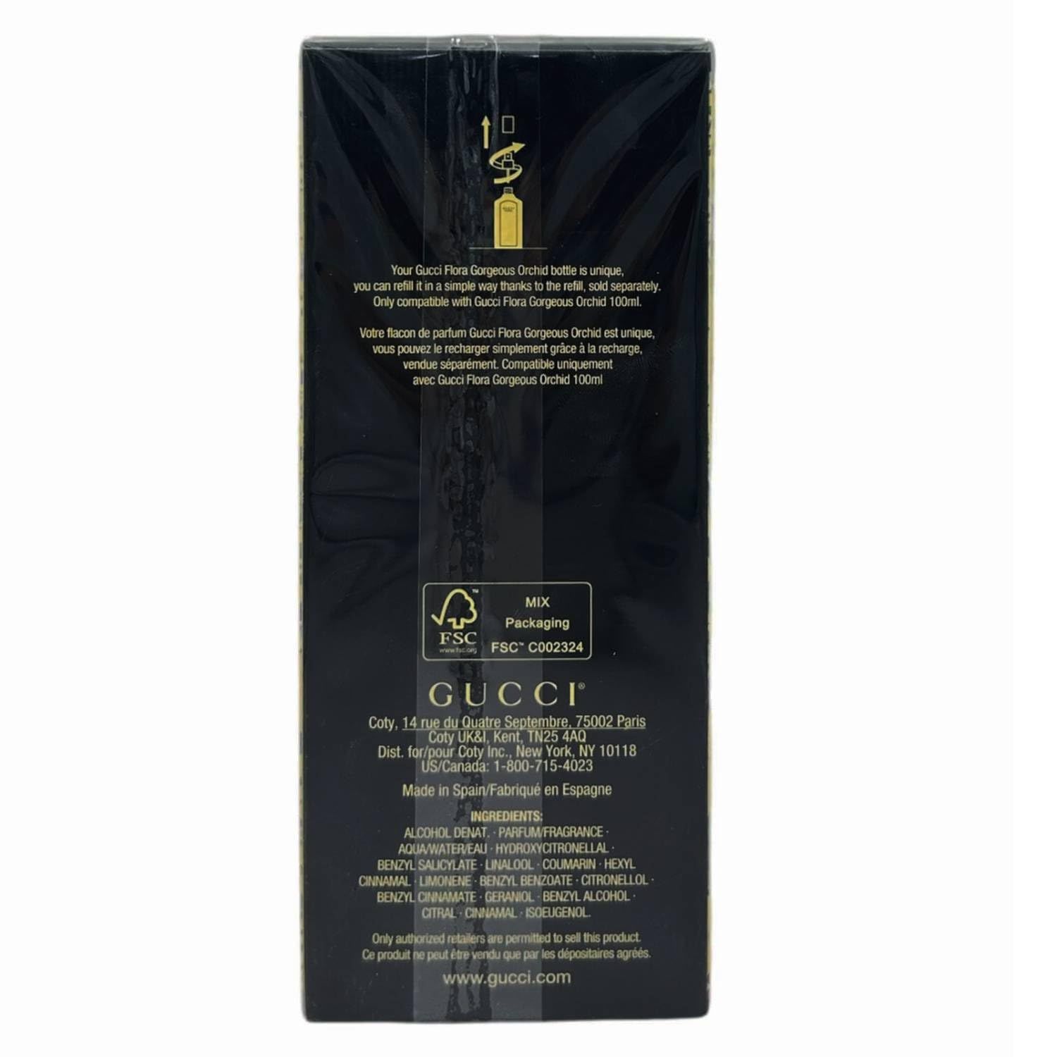 Confezione nera con testo e logo. Scritta: GUCCI. Certificazione FSC. Ingredienti e informazioni produttore.