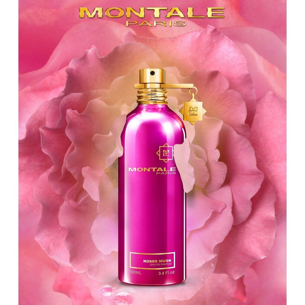 Flacone di profumo rosa davanti a rose. Scritta: MONTALE PARIS, ROSES MUSK. Tappo dorato.