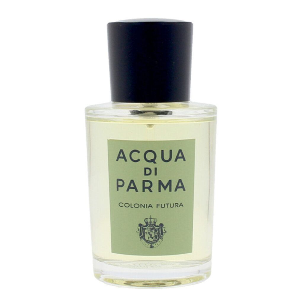 Flacone in vetro con tappo nero. Scritta: Acqua di Parma Colonia Futura.