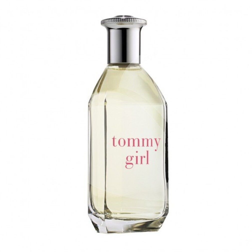 Flacone di Tommy Girl Eau de Toilette Spray. Flacone in vetro con tappo argentato, nome in rosa.