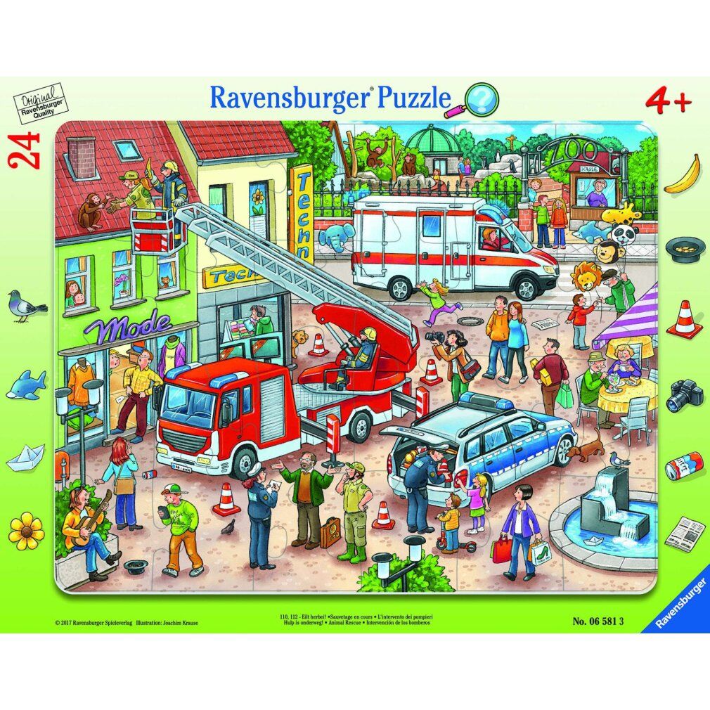 Puzzle con cornice con scena cittadina. Vigili del fuoco, ambulanza, polizia e persone. 24 pezzi, dai 4 anni. Puzzle Ravensburger.