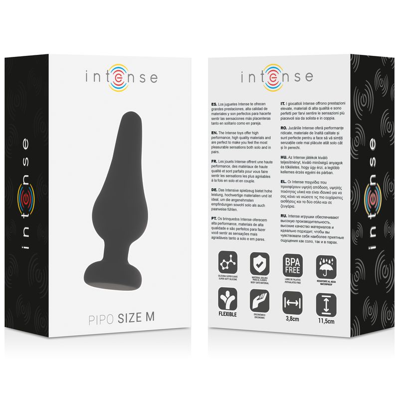 Confezione per plug anale Intense Pipo in silicone, taglia M. Mostra il prodotto e icone.