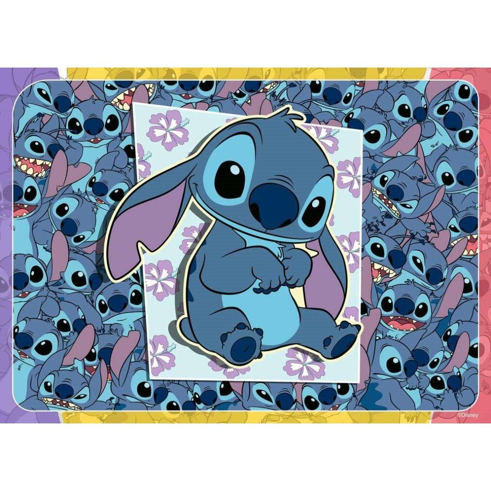 Puzzle con motivo Stitch. Stitch seduto su sfondo blu con fiori. Bordi giallo, viola e blu.