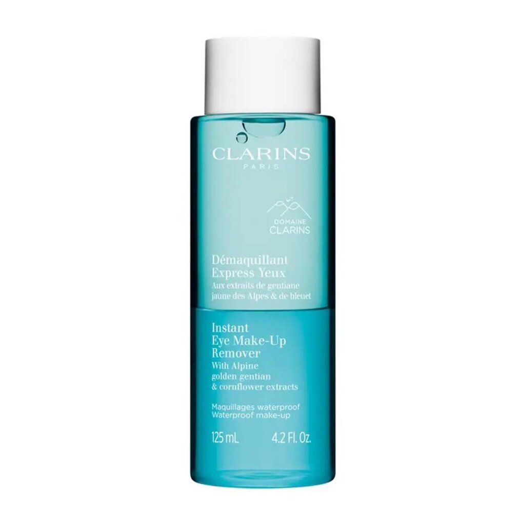 Flacone turchese e bianco. Testo: Clarins, Démaquillant Express Yeux, Instant Eye Make-Up Remover, 125 ml, 4.2 Fl. Oz.