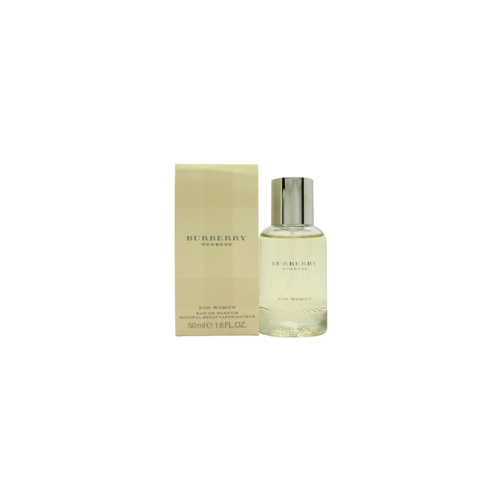 Flacone di profumo e confezione. Scritta: Burberry Weekend. 50ml. Flacone con tappo argentato. Confezione a quadri.