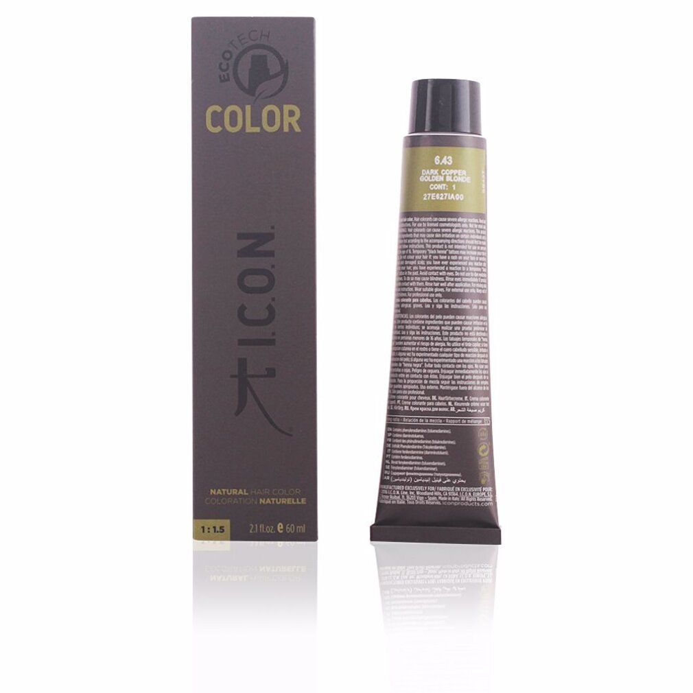 Tubo e scatola di colore per capelli. Sul tubo: 6.43, Biondo Scuro Rame Dorato. Sulla scatola: I.C.O.N. Ecotech Color.